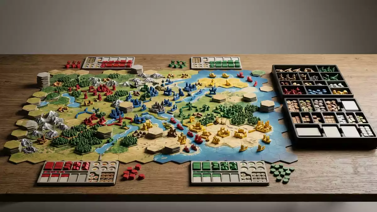 Fotorealistische Studioansicht von Brettspiel in neutraler Produktdarstellung, neutral