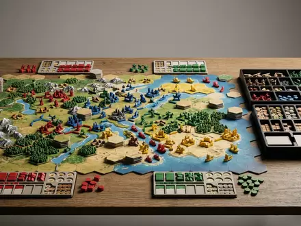 Fotorealistische Studioaufnahme von Brettspiel zum Thema 7 Wonders, klare Lichtfuehrung, sachlich dargestellt - Foto: THN