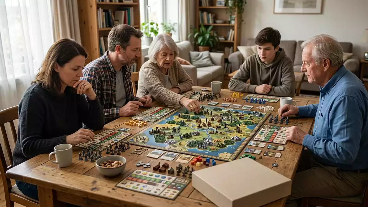 Fotorealistische Ansicht von Brettspiel am Esstisch in realer Umgebung, neutral