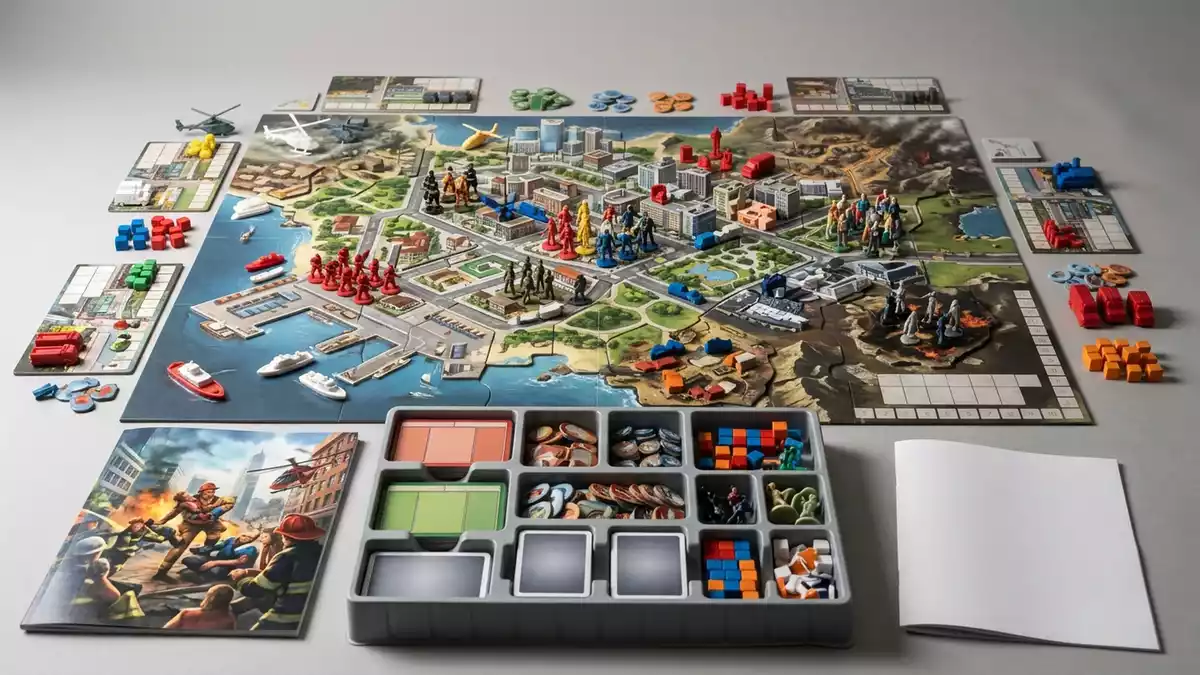 Fotorealistische Studioansicht von Brettspiel in neutraler Produktdarstellung, neutral
