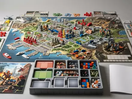 Fotorealistische Studioaufnahme von Brettspiel zum Thema Pandemic, klare Lichtfuehrung, sachlich dargestellt, markenneutral - Foto: THN