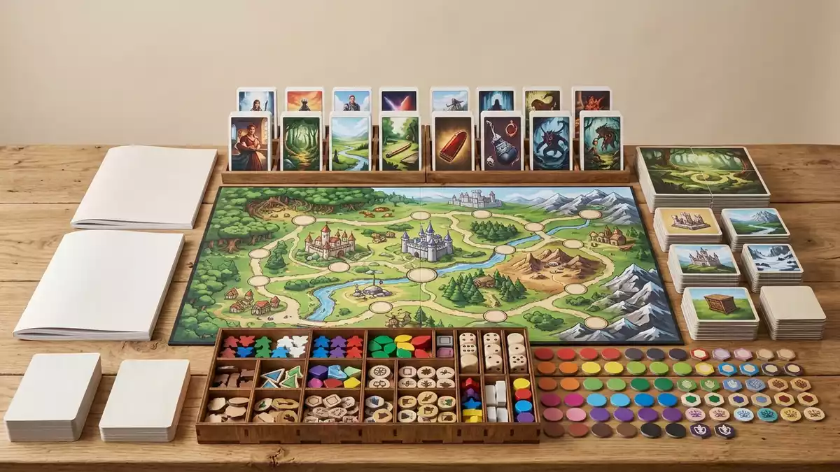 Fotorealistische Studioansicht von Brettspiel in neutraler Produktdarstellung, neutral