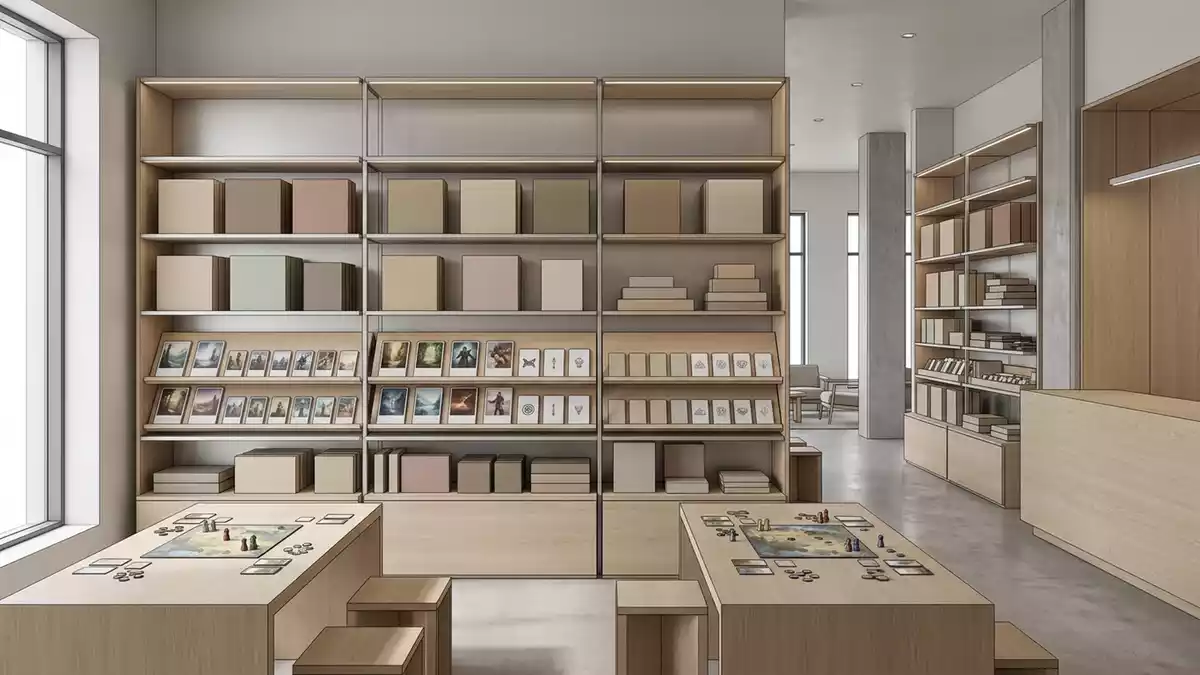 Architektur-Render im Spielefachgeschaeft mit Brettspiel im Ausstellungsbereich