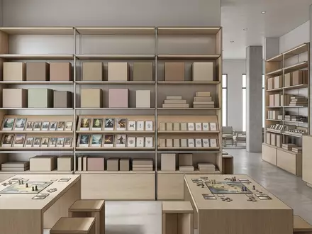 Architektur-Render im Spielefachgeschaeft mit Brettspiel zum Thema Dixit, neutrales Tageslicht, sachlich dargestellt - Foto: THN