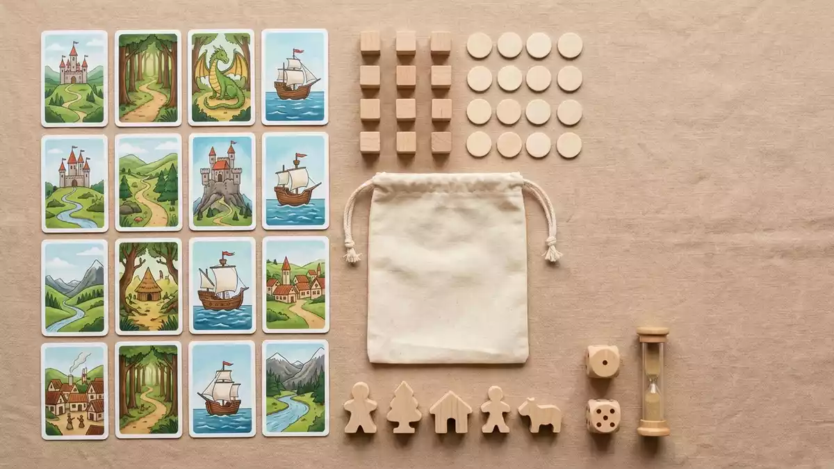 Flatlay-Arrangement rund um Brettspiel mit passenden Requisiten von oben, neutral