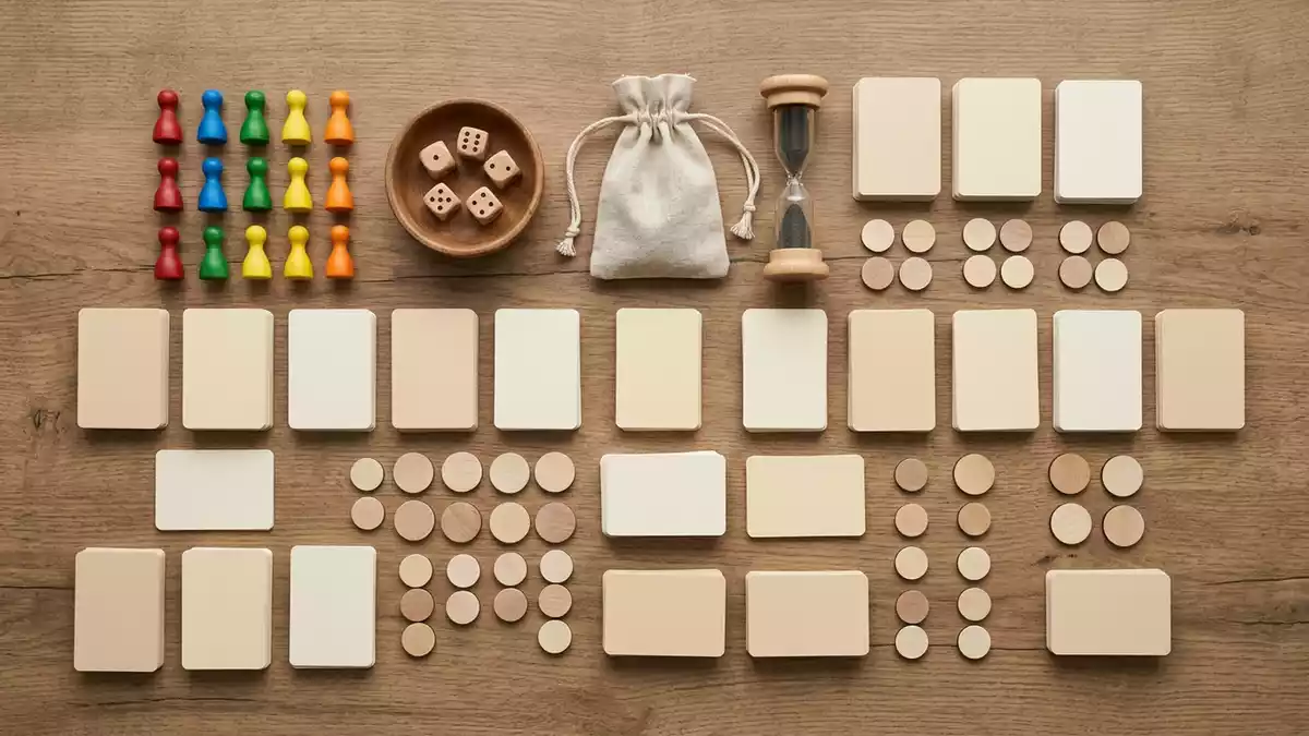 Flatlay-Arrangement rund um Kartenspiel mit passenden Requisiten von oben, neutral