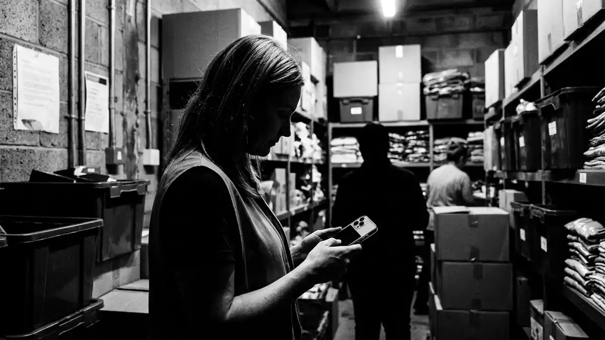 Schwarzweiss-Reportagebild mit Smartphone in dokumentarischer Arbeitsumgebung, neutral