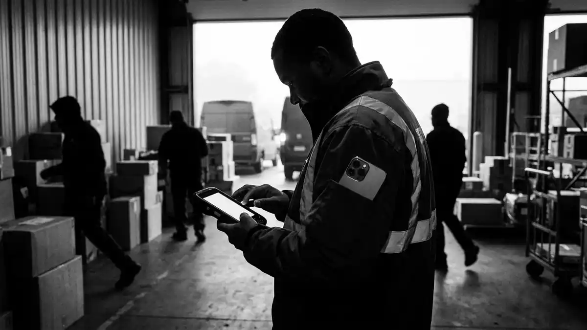 Schwarzweiss-Reportagebild mit Smartphone in dokumentarischer Arbeitsumgebung, neutral