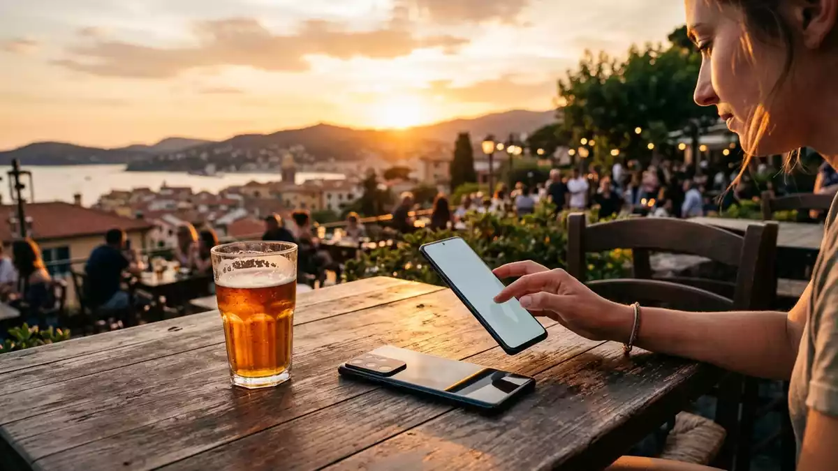 Fotorealistische Ansicht von Smartphone im Strassencafe in warmem Abendlicht, neutral