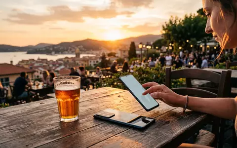 Fotorealistische Aufnahme von Smartphone im Strassencafe zum Thema Samsung Galaxy S25 Edge, warmes Abendlicht - Foto: THN