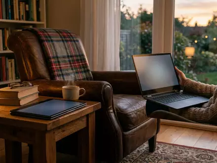 Fotorealistische Aufnahme von Convertible Laptop im Wohnzimmer zum Thema Samsung Galaxy Book5 Pro, warmes Abendlicht - Foto: THN