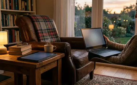 Fotorealistische Aufnahme von Convertible Laptop im Wohnzimmer zum Thema Samsung Galaxy Book5 Pro, warmes Abendlicht - Foto: THN