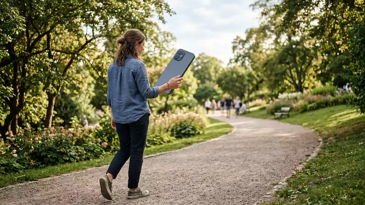 Fotorealistische Ansicht von Smartphone im Stadtpark in realer Umgebung, neutral