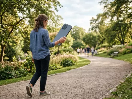 Fotorealistische Aufnahme von Smartphone im Stadtpark zum Thema Samsung Galaxy S25+ 256GB, natuerliches Licht - Foto: THN