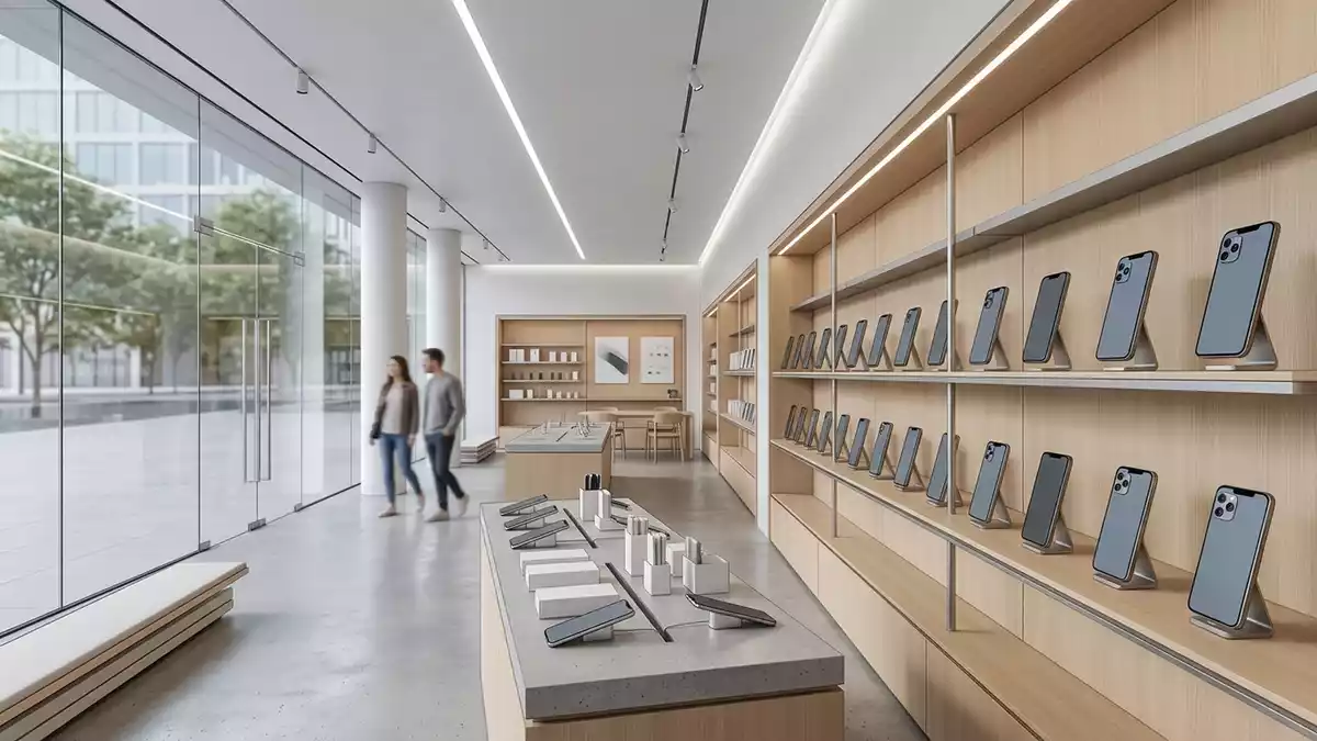 Architektur-Render im Elektronikmarkt mit Smartphone im Ausstellungsbereich, neutral