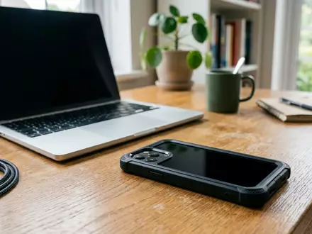 Fotorealistische Aufnahme von Handyhuelle am Schreibtisch zum Thema Casetify Ultra Impact Case, natuerliches Licht - Foto: THN