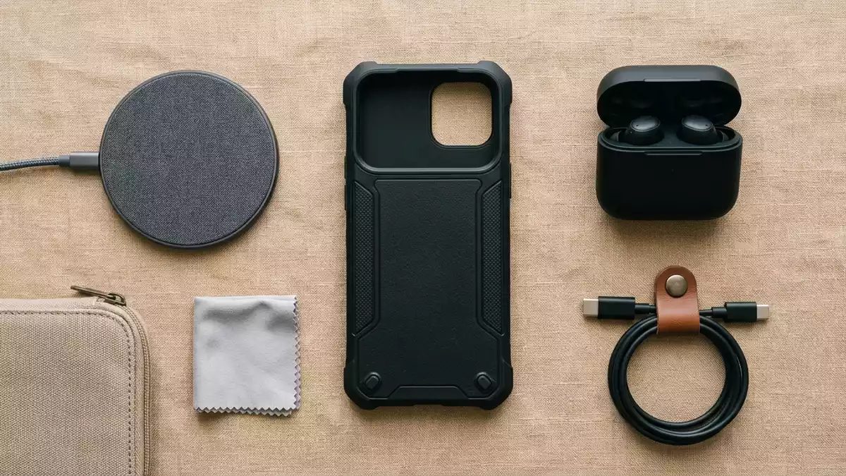 Flatlay-Arrangement rund um Handyhuelle mit passenden Requisiten von oben, neutral