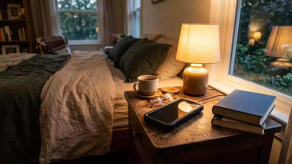 Fotorealistische Ansicht von Handyhuelle am Bett in warmem Abendlicht, neutral