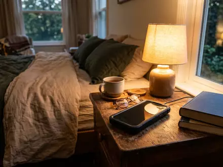 Fotorealistische Aufnahme von Handyhuelle am Bett zum Thema Casetify Ultra Impact Case, warmes Abendlicht - Foto: THN