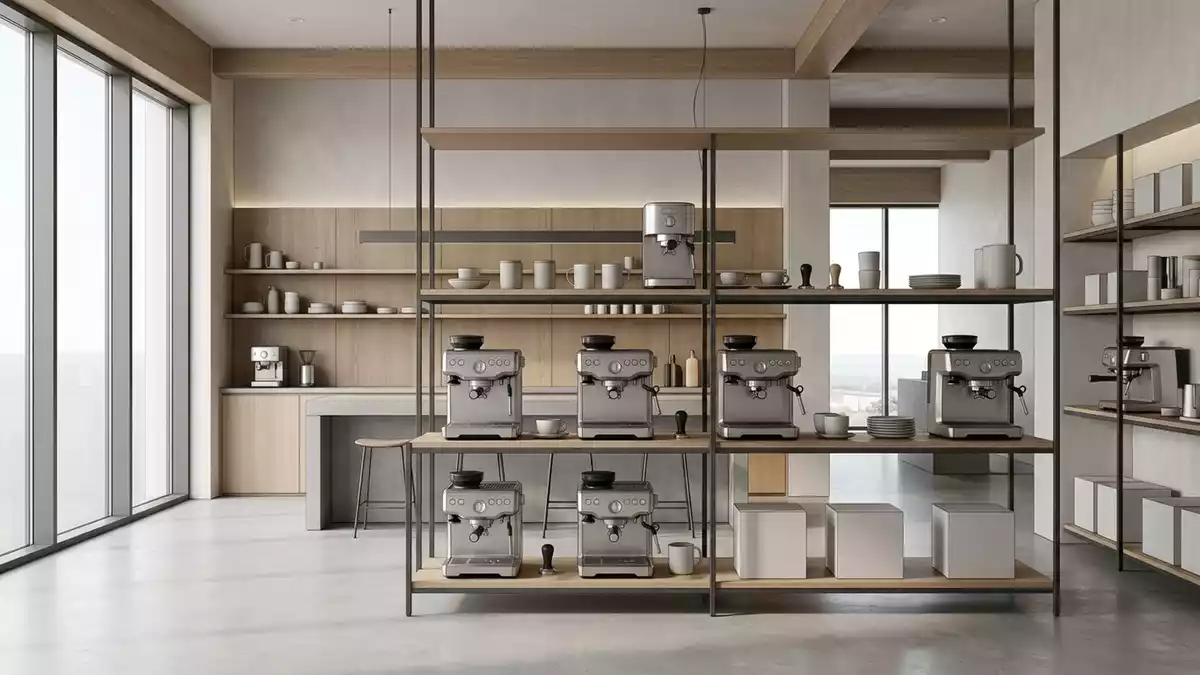 Architektur-Render im Kuechengeraetegeschaeft mit Siebtraegermaschine im Ausstellungsbereich