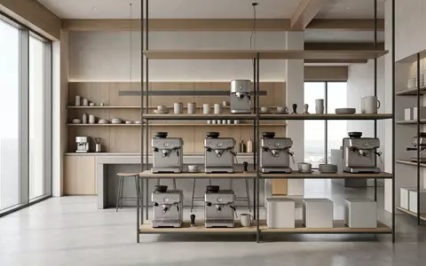 Architektur-Render im Kuechengeraetegeschaeft mit Siebtraegermaschine zum Thema Cecotec Power Espresso 20, neutrales Tageslicht - Foto: THN