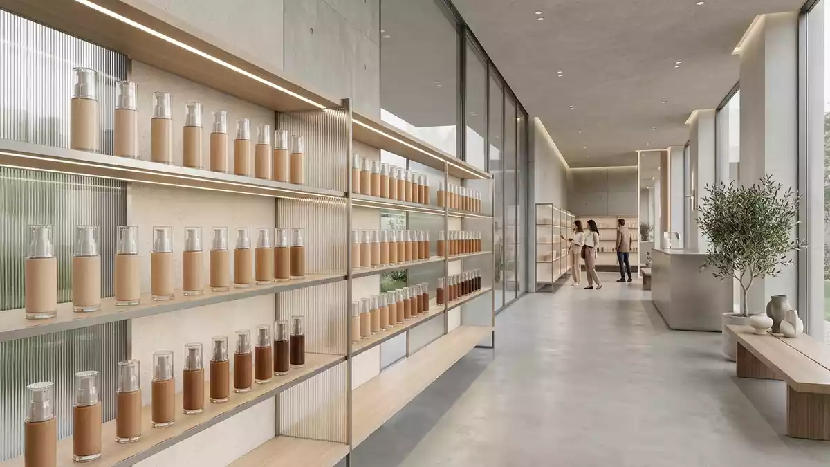 Architektur-Render im Kosmetikgeschaeft mit Fluessigfoundation im Ausstellungsbereich