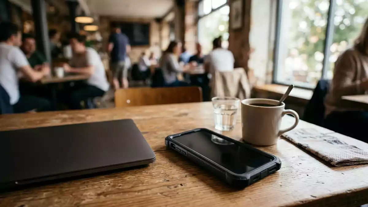 Fotorealistische Ansicht von Handyhuelle im Cafe in realer Umgebung, neutral
