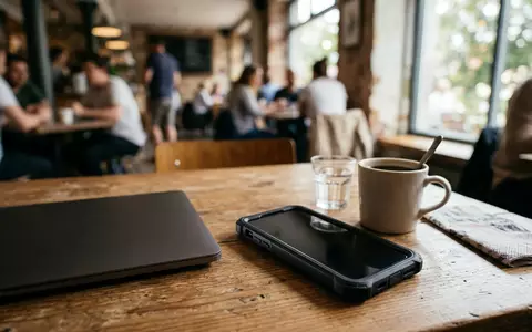 Fotorealistische Aufnahme von Handyhuelle im Cafe zum Thema Casetify Ultra Impact Case, natuerliches Licht - Foto: THN