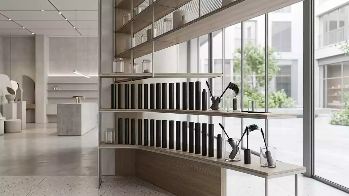 Architektur-Render im Kosmetikgeschaeft mit Wimperntusche im Ausstellungsbereich