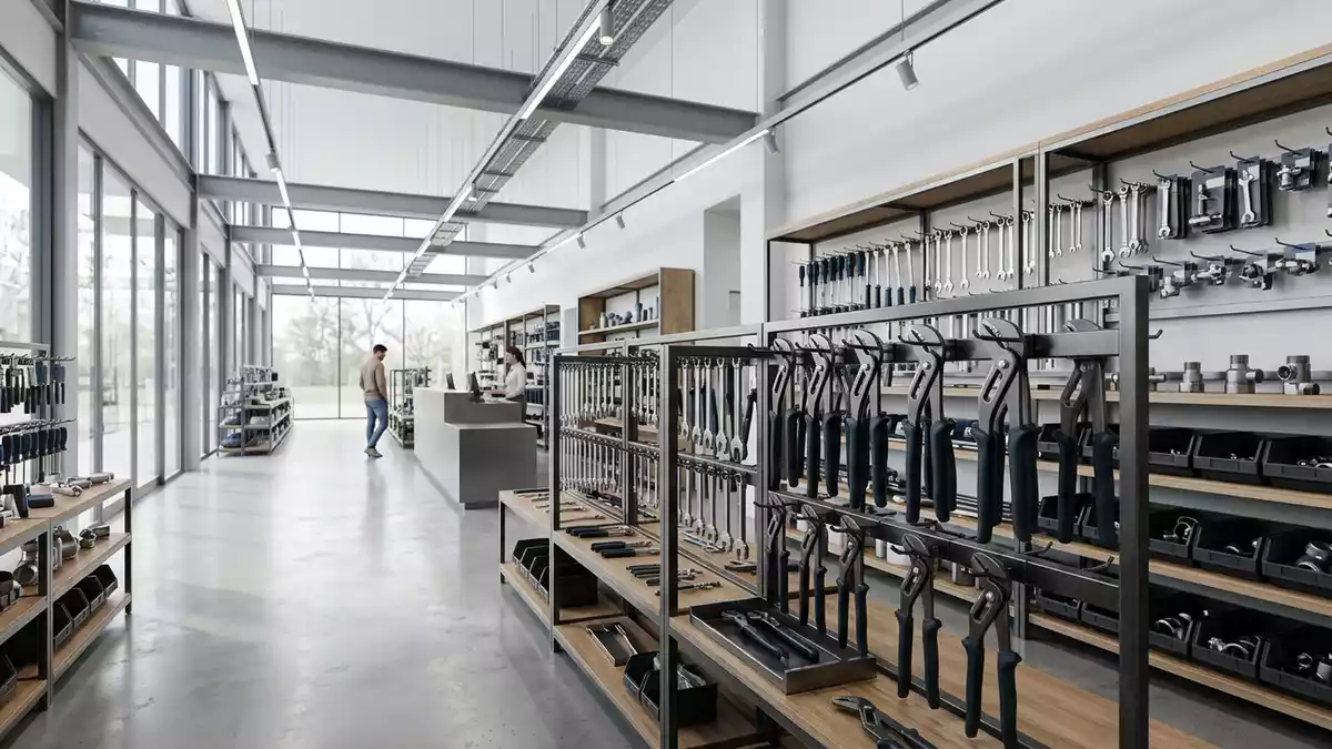 Architektur-Render im Baumarkt mit Wasserpumpenzange im Ausstellungsbereich, neutral