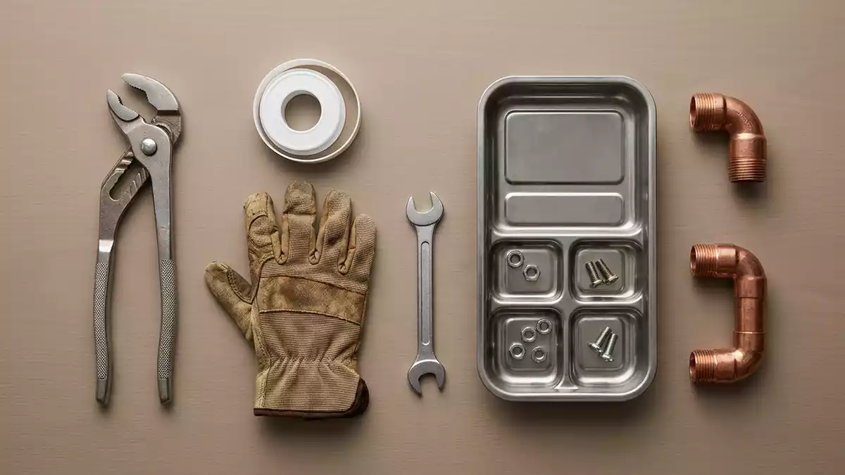 Flatlay-Arrangement rund um Zangenschluessel mit passenden Requisiten von oben