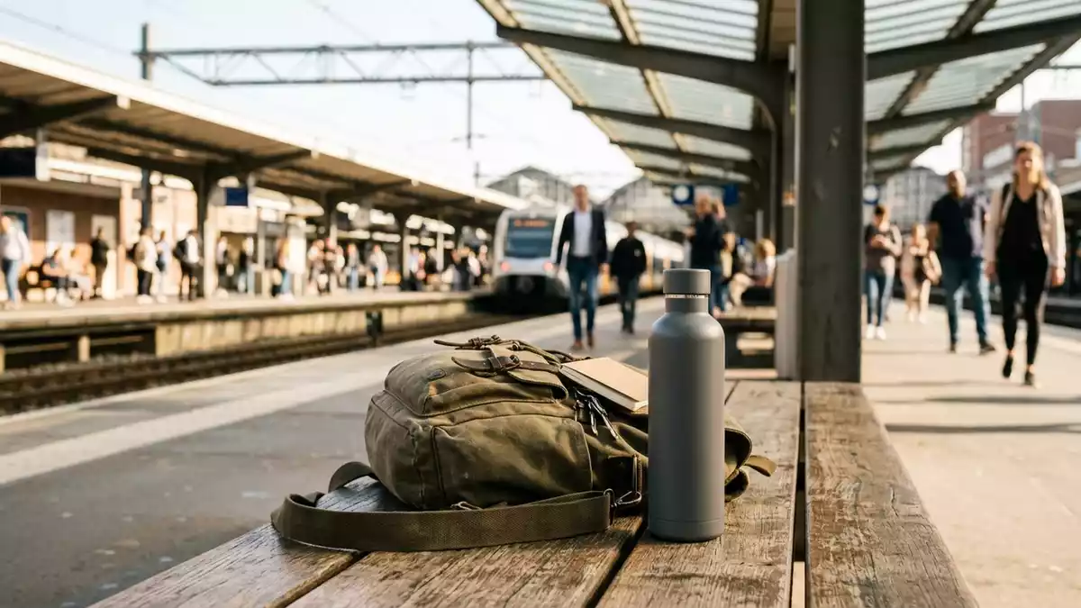 Fotorealistische Ansicht von Isolierflasche beim Pendeln in realer Umgebung, neutral