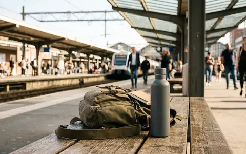 Fotorealistische Aufnahme von Isolierflasche beim Pendeln zum Thema Klean Kanteen TKBottle 20oz, natuerliches Licht - Foto: THN