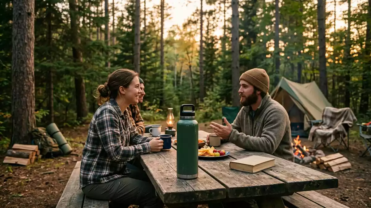 Fotorealistische Ansicht von Isolierflasche beim Campen in warmem Abendlicht, neutral