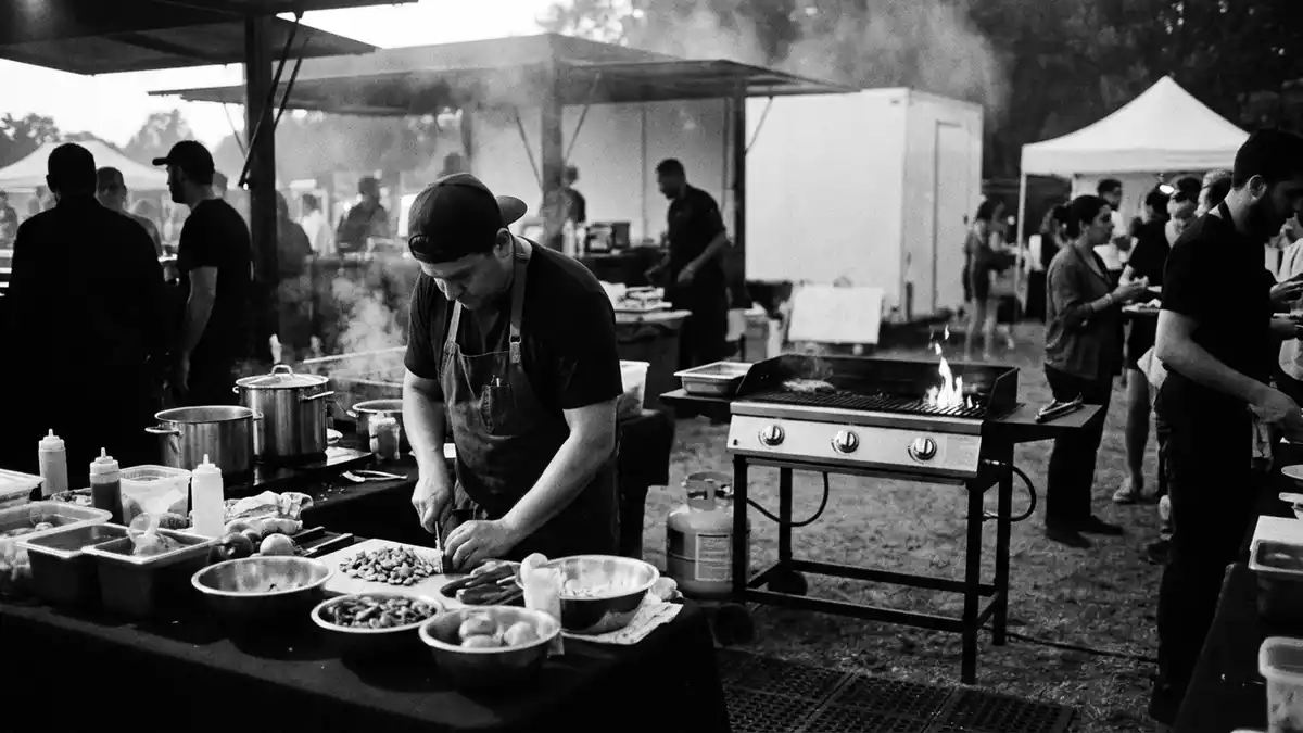 Schwarzweiss-Reportagebild mit Gasgrill in dokumentarischer Arbeitsumgebung, neutral