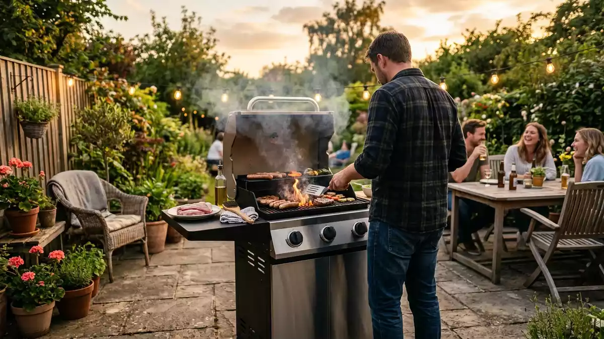 Fotorealistische Ansicht von Gasgrill auf der Terrasse in warmem Abendlicht, neutral