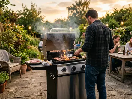 Fotorealistische Aufnahme von Gasgrill auf der Terrasse zum Thema Weber Spirit E-315 GBS, warmes Abendlicht - Foto: THN