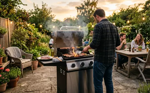 Fotorealistische Aufnahme von Gasgrill auf der Terrasse zum Thema Weber Spirit E-315 GBS, warmes Abendlicht - Foto: THN