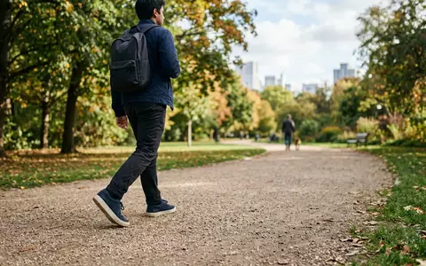 Fotorealistische Aufnahme von Sneaker im Stadtpark zum Thema New Balance 574 Sneaker, natuerliches Licht - Foto: THN