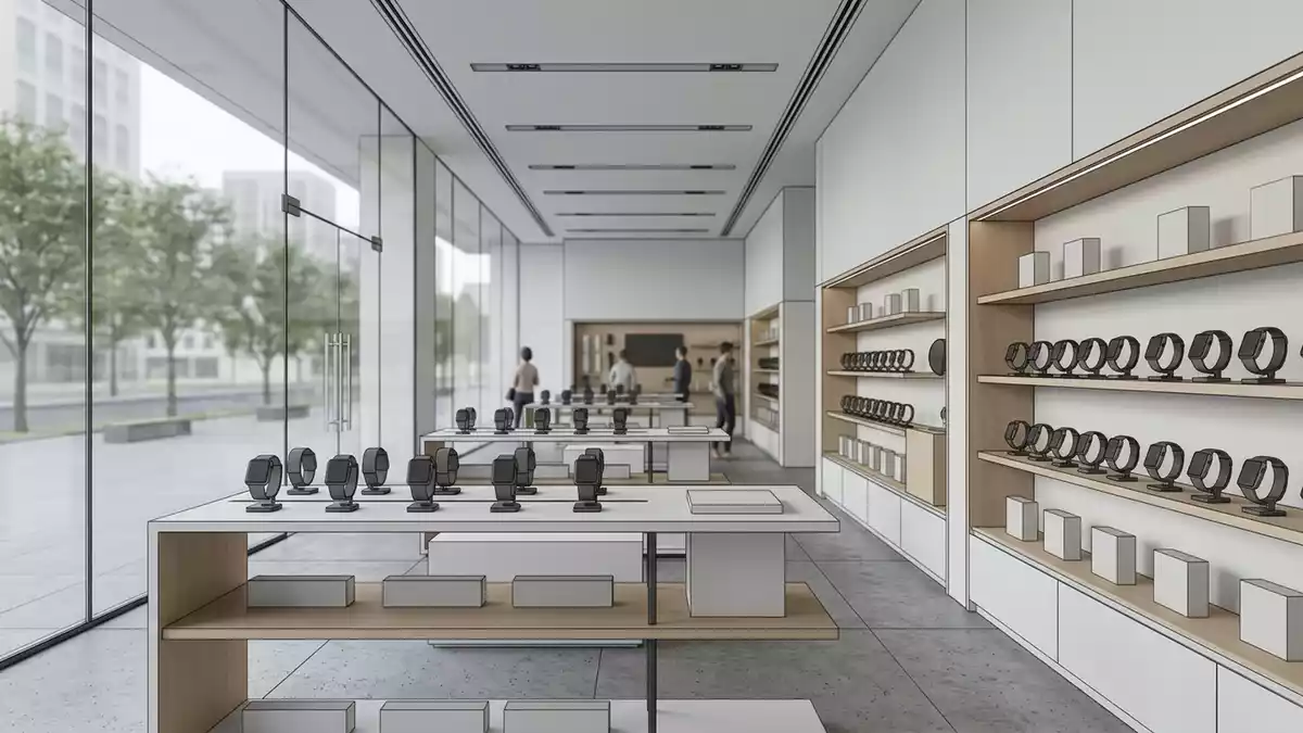 Architektur-Render im Technikfachgeschaeft mit Smartwatch im Ausstellungsbereich