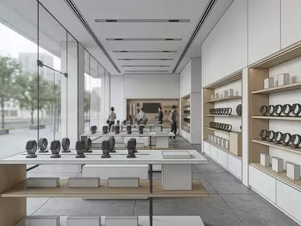 Architektur-Render im Technikfachgeschaeft mit Smartwatch zum Thema Apple Watch SE 3, neutrales Tageslicht - Foto: THN