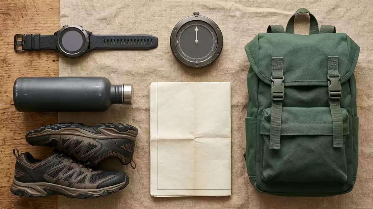 Flatlay-Arrangement rund um Smartwatch mit passenden Requisiten von oben, neutral