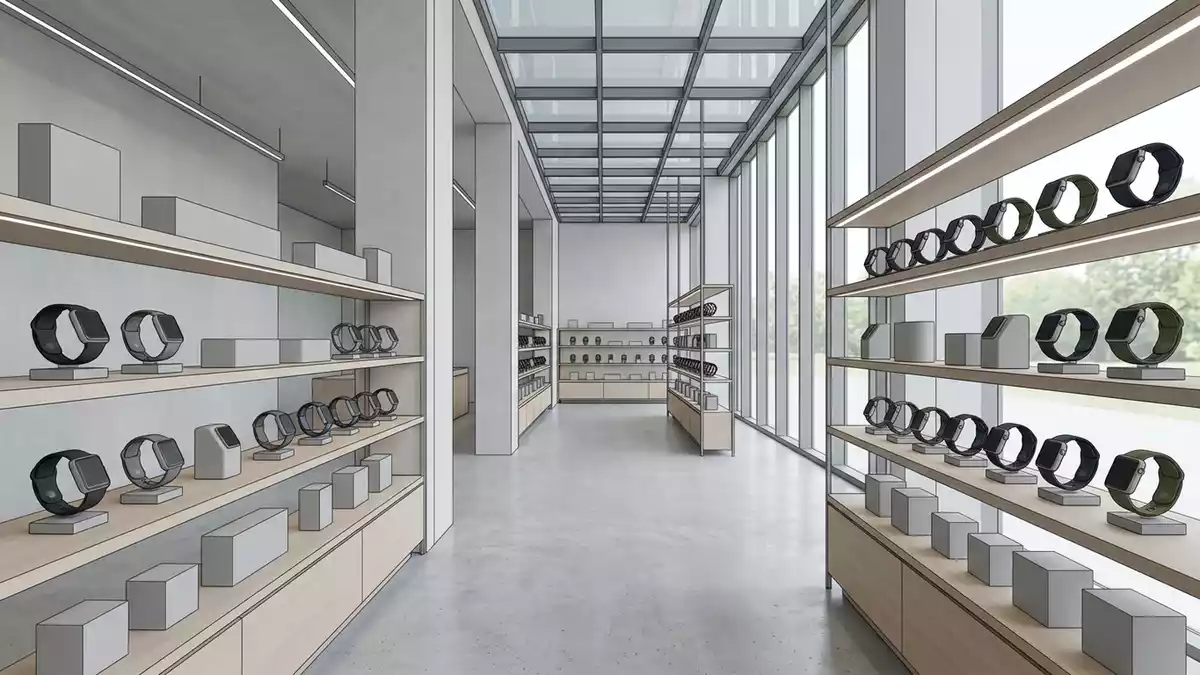 Architektur-Render im Technikfachgeschaeft mit Smartwatch im Ausstellungsbereich