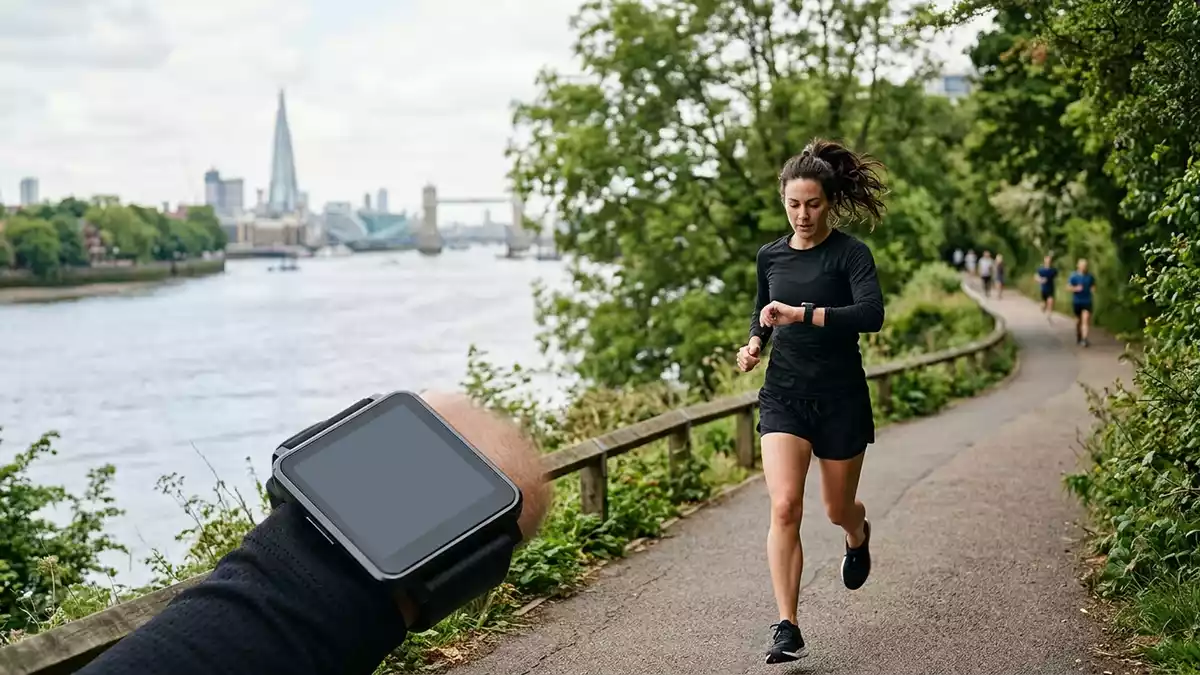 Fotorealistische Ansicht von Smartwatch beim Laufen in realer Umgebung, neutral