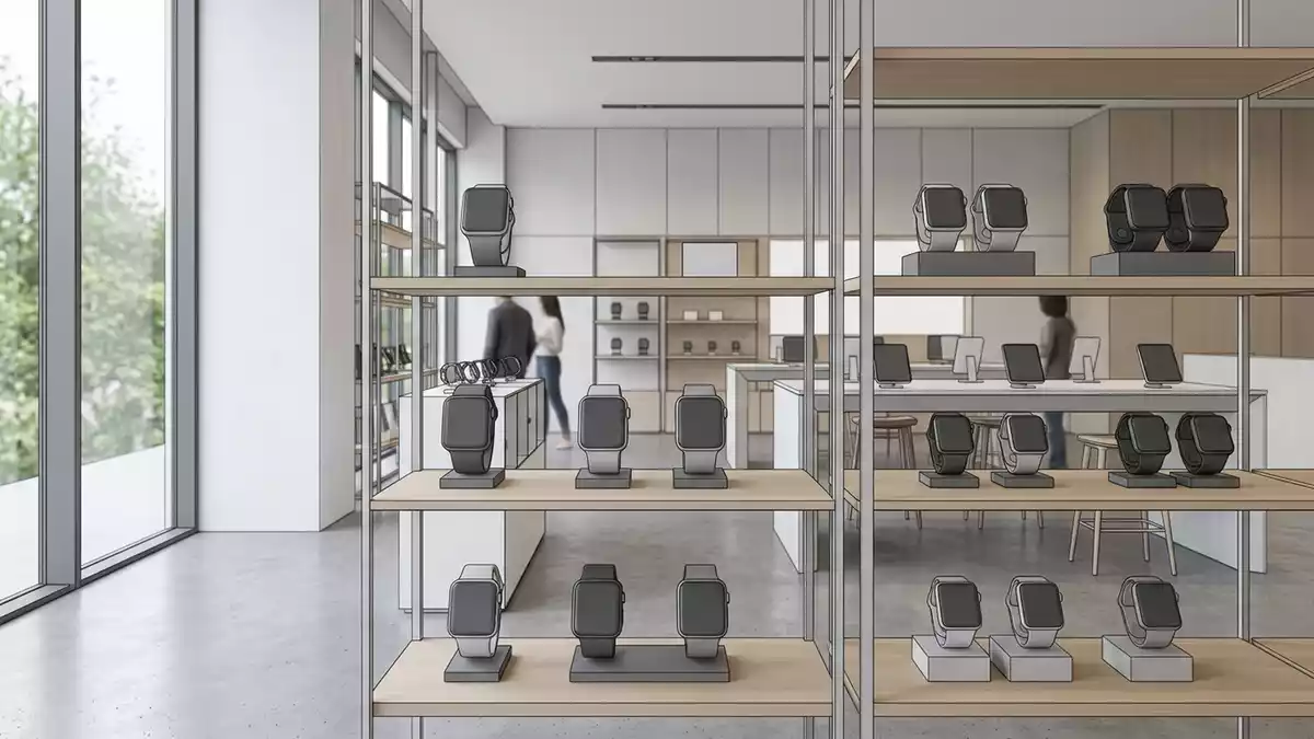 Architektur-Render im Technikfachgeschaeft mit Smartwatch im Ausstellungsbereich