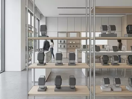 Architektur-Render im Technikfachgeschaeft mit Smartwatch zum Thema Apple Watch Series 10, neutrales Tageslicht - Foto: THN