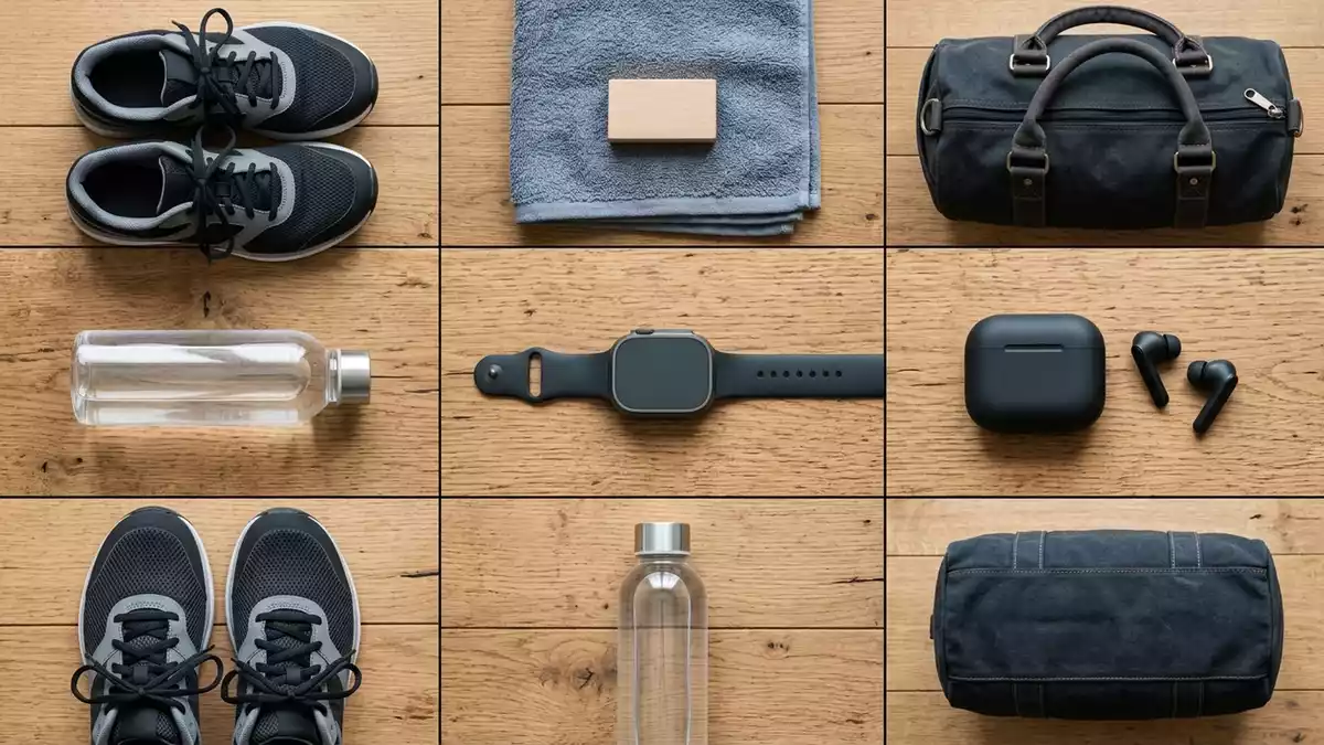 Flatlay-Arrangement rund um Smartwatch mit passenden Requisiten von oben, neutral