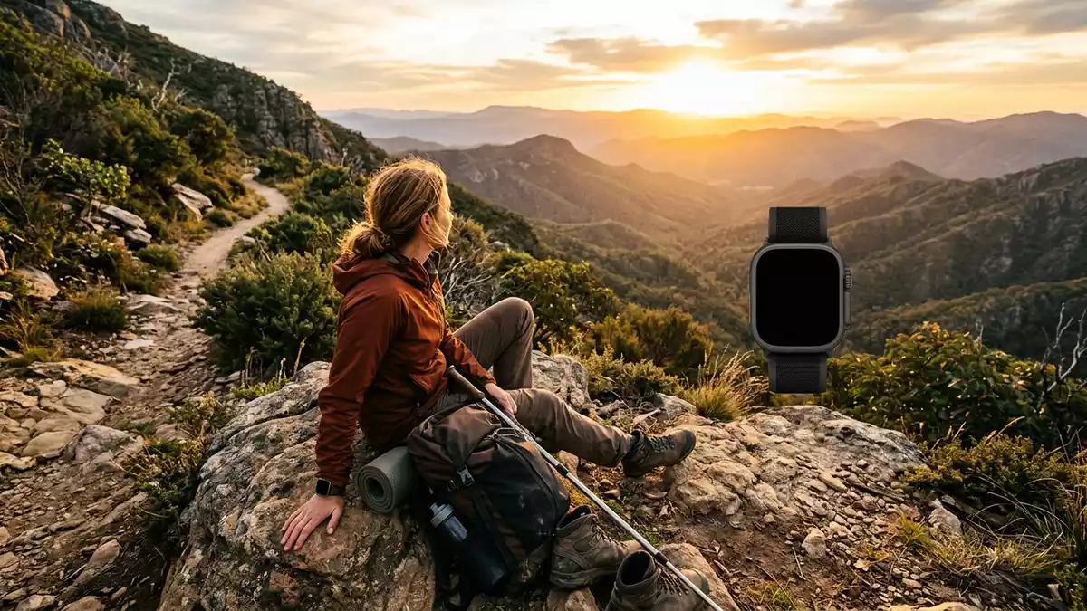 Fotorealistische Ansicht von Smartwatch beim Wandern in warmem Abendlicht, neutral