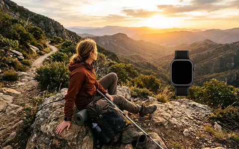Fotorealistische Aufnahme von Smartwatch beim Wandern zum Thema Apple Watch Series 10, warmes Abendlicht - Foto: THN