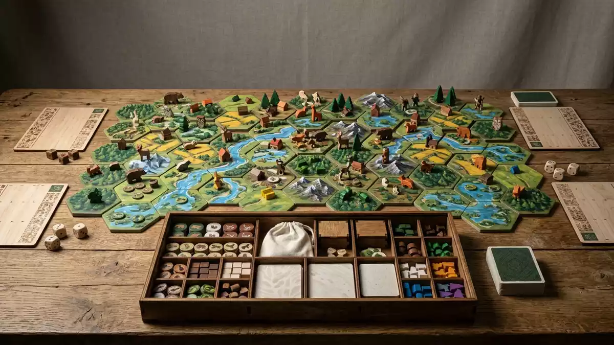 Fotorealistische Studioansicht von Brettspiel in neutraler Produktdarstellung, neutral